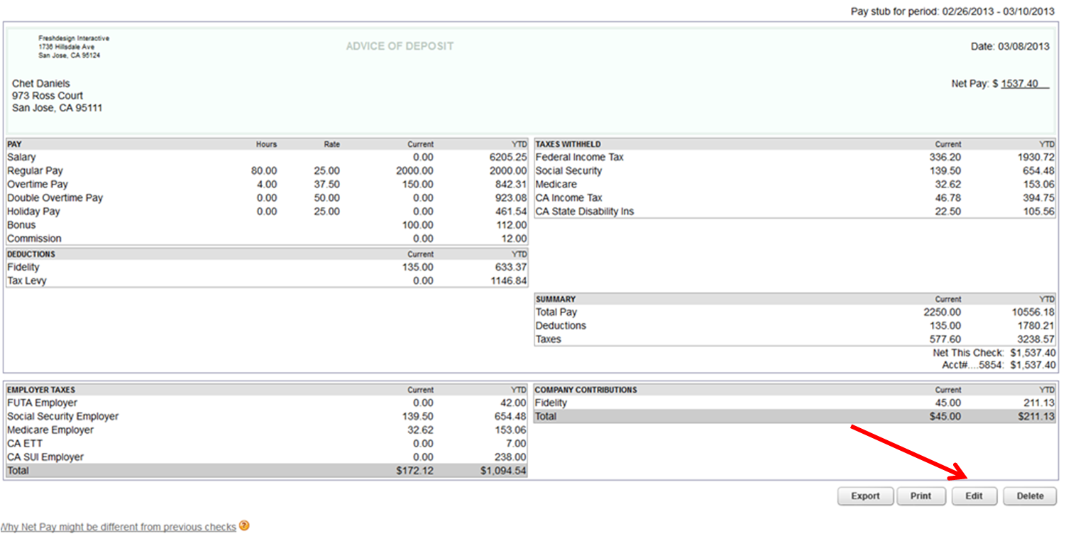 Payroll Check Intuit Payroll Check Stubs