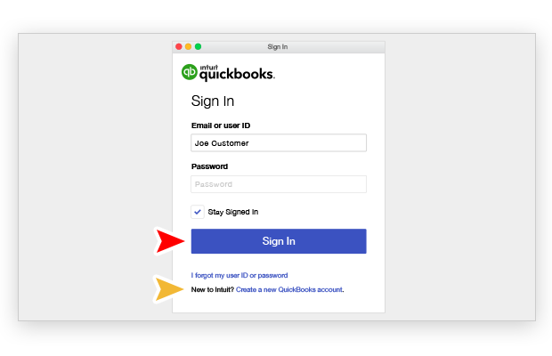QuickBooks app login screen; Red Arrow: Sign-In; Yellow Arrow: Create Account